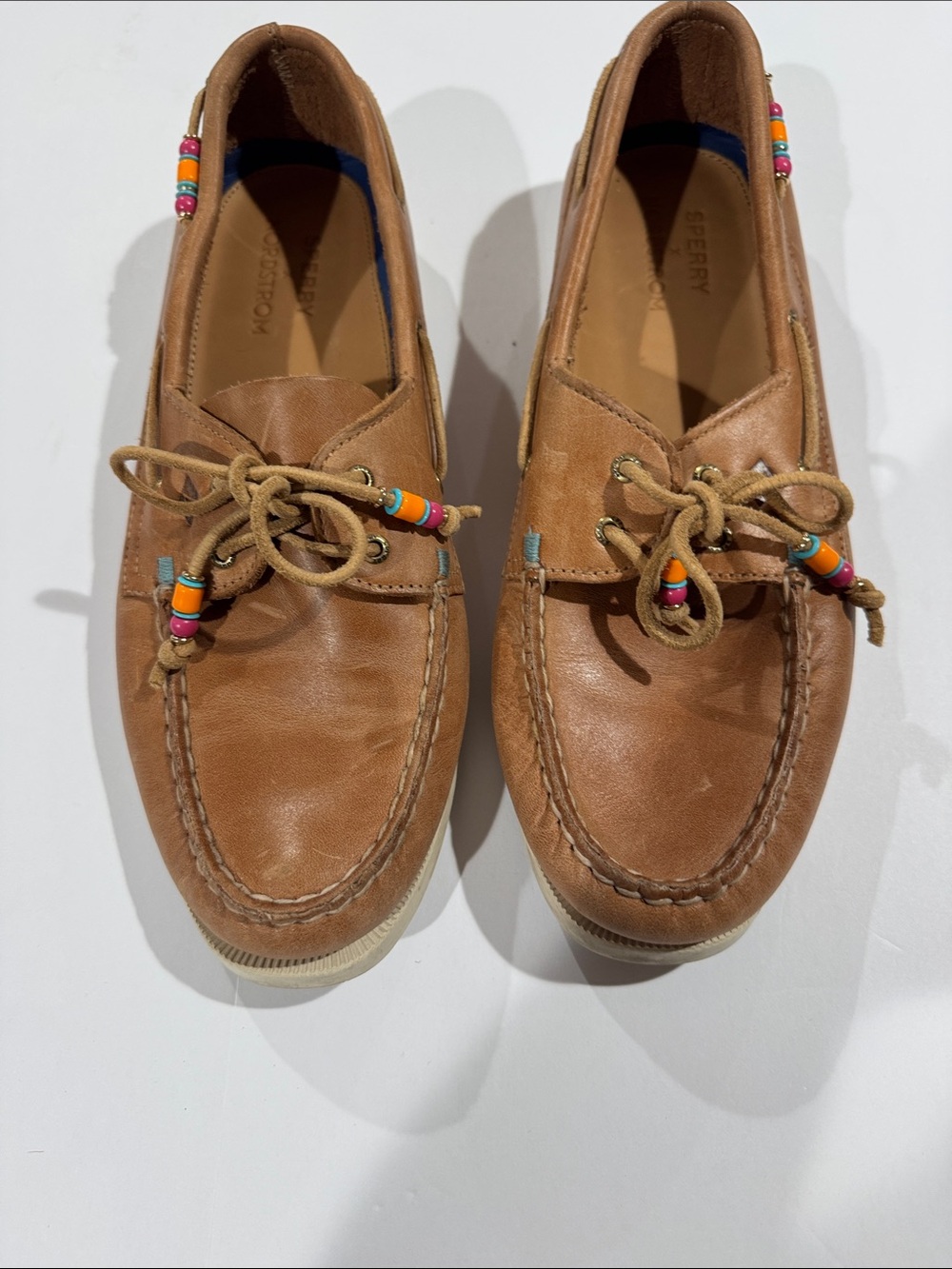 Sperry Tan Leather Moc Toe Boat Shoes with Bead Accents